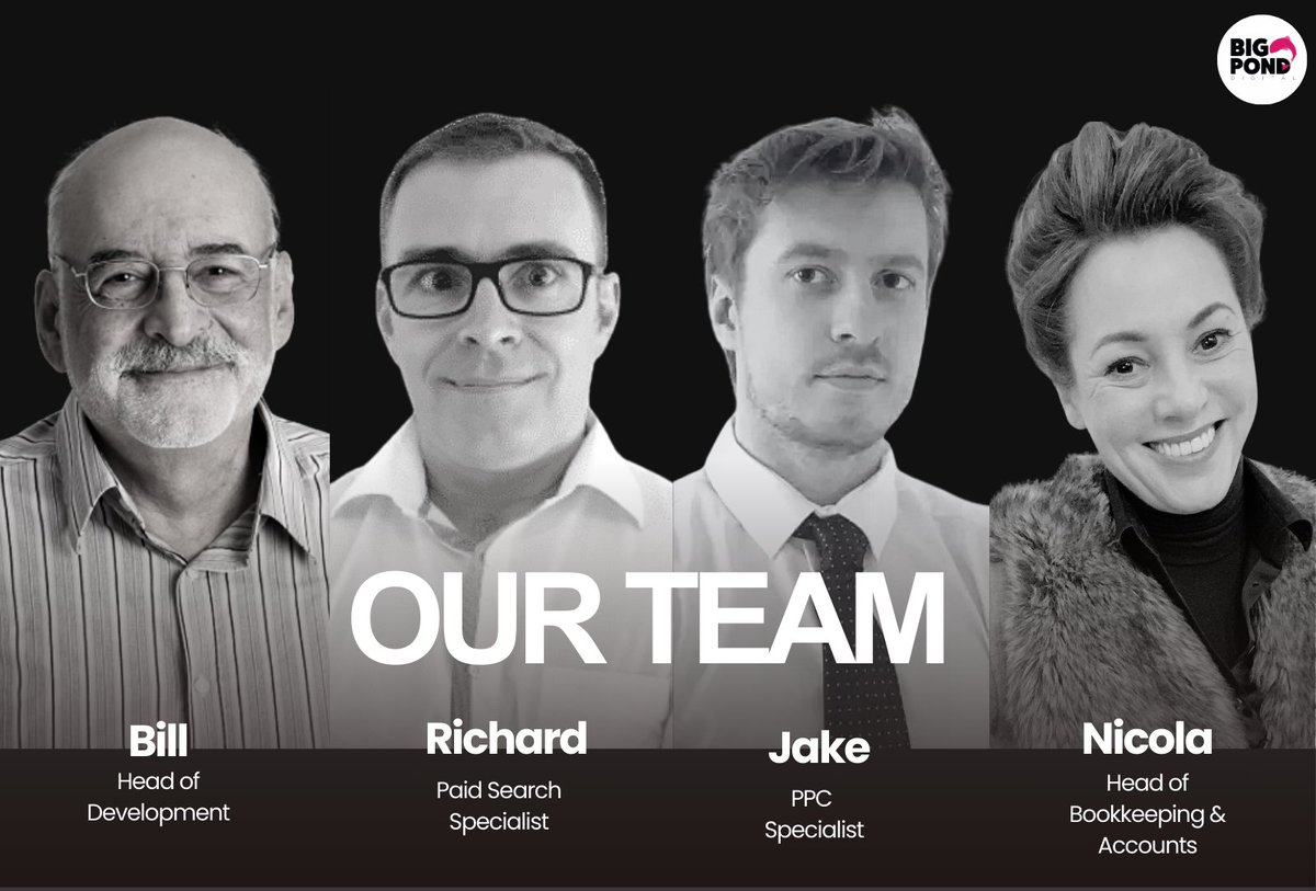 More of The Team 👀

Although some of us are based in our HQ in Ayr, the other half of our team is remote.
So say hi to Bill, Richard, Jake, &amp; Nicola 👋

Read more about us all here:
bigponddigital.co.uk/aboutus

#SEO #SearchMarketing #PPC #GoogleAds
