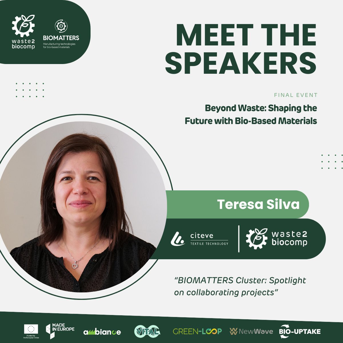 Teresa Silva, Researcher at <a href="/CITEVE/">CITEVE</a>, will present “BIOMATTERS Cluster: Spotlight on Collaborating Projects”, featuring the W2BC Project! 🌱

🔑 Learn how W2BC is reducing fossil-based materials in textiles, packaging, &amp; footwear.

🔗 Register: forms.gle/y9tjifoHmvZWUE…