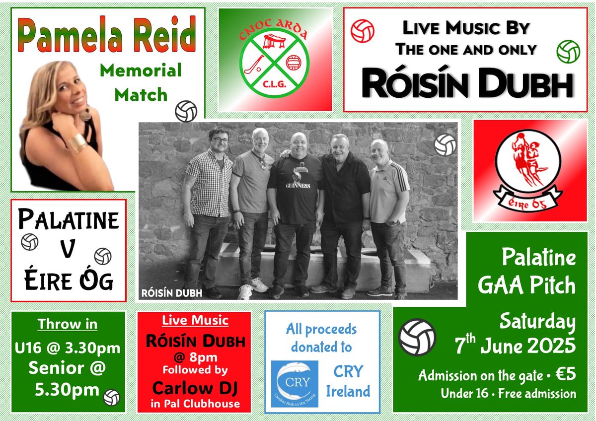 CRYIre's tweet photo. Thank You to @PalatineGAA for once again hosting the Pamela Reid Memorial Match (v @Eireogcarlow ) on Saturday 7th June.
Always, #RememberingPamela
#FriendsOfCRY #Fundraiser #Charity https://t.co/EyN3cf3d9z
