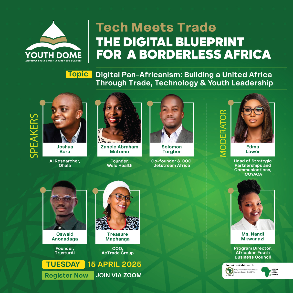 AfCFTA Youth Advisory Council (@icoyaca) on Twitter photo The <a href="/Youthdome/">YOUTH DOME</a> presents "Tech Meets Trade" Webinar.
Join us for this incredible event to explore how technology & trade can shape a limitless future for our continent.
Join us Tomorrow 4pm EAT, 15 April 2025.
Register here: shorturl.at/CBFbz
Don’t miss out! The <a href="/Youthdome/">YOUTH DOME</a> presents "Tech Meets Trade" Webinar.
Join us for this incredible event to explore how technology & trade can shape a limitless future for our continent.
Join us Tomorrow 4pm EAT, 15 April 2025.
Register here: shorturl.at/CBFbz
Don’t miss out!