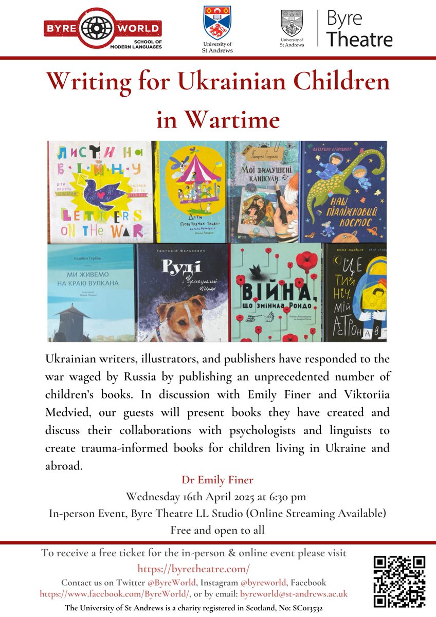 Modern Languages at St Andrews (@stamodlangs) on Twitter photo This semester's final <a href="/ByreWorld/">Byre World</a>, Writing for Ukrainian Children in Wartime, at <a href="/ByreTheatre/">Byre Theatre</a>. Dr Emily Finer&Viktoriia Medvied will discuss their collaborations with psychologists&linguists to create trauma-informed books for children in Ukraine&abroad: byretheatre.com/shows/writing-… This semester's final <a href="/ByreWorld/">Byre World</a>, Writing for Ukrainian Children in Wartime, at <a href="/ByreTheatre/">Byre Theatre</a>. Dr Emily Finer&Viktoriia Medvied will discuss their collaborations with psychologists&linguists to create trauma-informed books for children in Ukraine&abroad: byretheatre.com/shows/writing-…