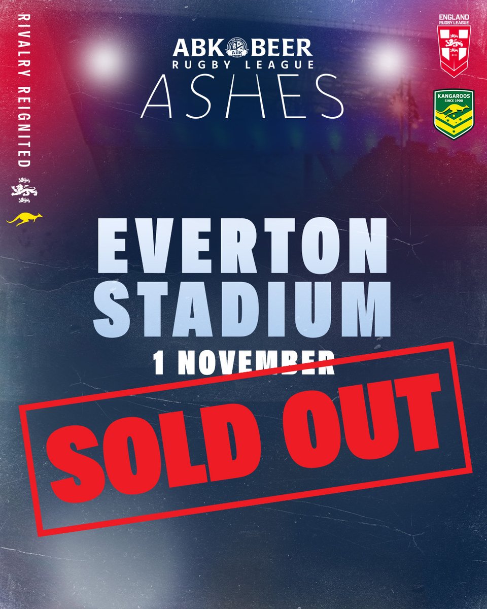 ❌ SOLD OUT ❌

📅 The first non-footballing event at Everton Stadium - the <a href="/ABKbeer/">ABKbeer</a> Rugby League Ashes Second Test - will be played in front of a full house!

🏴󠁧󠁢󠁥󠁮󠁧󠁿 #EnglandRL