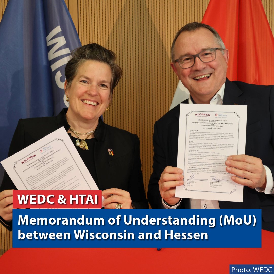 Wisconsin Economic Development Corporation <a href="/WEDCNews/">WEDCNews</a> &amp; <a href="/HTAI_Hessen/">HTAI</a> have signed a Memorandum of Understanding to increase collaboration in global trade, business attraction &amp; market opportunities. ✍️Pictured: Missy Hughes (Secretary &amp; CEO WEDC) and our CEO Dr. Rainer Waldschmidt.