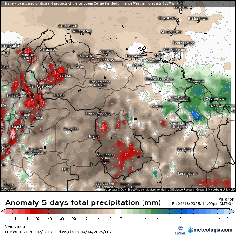 EstebanWXcast's tweet photo. Previsión de la anomalía del total de precipitación acumulado (mm) a 5 días, según modelo ECMWF IFS HRES, hasta 23:00 HLV del viernes, 18ABR25. Anomalías positivas en Monagas, fachada atlántica y cuenca del Cuyuní y los tepuyes orientales en Bolívar. https://t.co/Zu7sXlhUlp