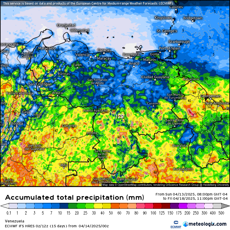 EstebanWXcast's tweet photo. Previsión de la anomalía del total de precipitación acumulado (mm) a 5 días, según modelo ECMWF IFS HRES, hasta 23:00 HLV del viernes, 18ABR25. Anomalías positivas en Monagas, fachada atlántica y cuenca del Cuyuní y los tepuyes orientales en Bolívar. https://t.co/Zu7sXlhUlp
