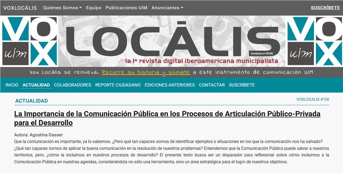 IberComp's tweet photo. 👩🏻‍💻Te invitamos a leer en #VoxLocális el artículo 📚“La Importancia de la Comunicación Pública en los Procesos de Articulación Público-Privada para el Desarrollo” de Agostina Gasser parte de nuestro equipo asesor de #IberComp 👉🏻https://t.co/x3s8UKvaqB 
@uimunicipalista https://t.co/2ucF4RxhrA