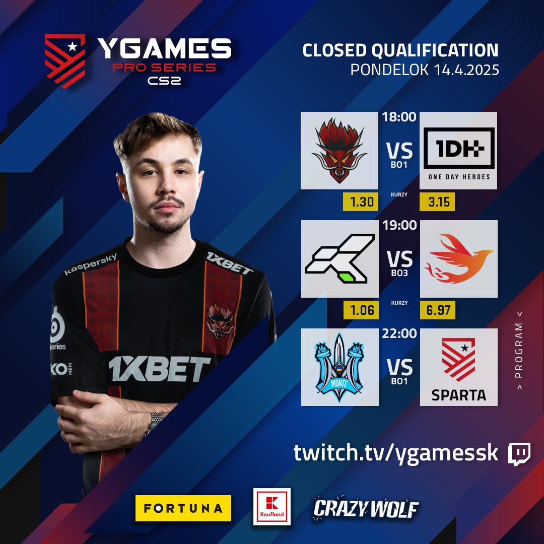 Y-Games Slovakia (@ygamesslovakia) on Twitter photo Prvé vyraďovacie zápasy Closed kvalifikácie YGames PRO Series sú pred nami! 🔥 Sleduj dnes livestream od 18:00 na twitch.tv/ygamessk 🔗
Harmonogram:
18:00 - <a href="/sangalgg/">Sangal</a> vs. <a href="/1dayHeroes_/">1dayHeroes</a>
19:00 - <a href="/konoecf/">kONO.ECF</a> vs. <a href="/Proto_Blaze/">ProtoBlaze</a>
22:00 - <a href="/Monte_Esports/">MONTE ESPORTS 🇺🇦</a> vs. SPARTA
Stav si na zápasy Prvé vyraďovacie zápasy Closed kvalifikácie YGames PRO Series sú pred nami! 🔥 Sleduj dnes livestream od 18:00 na twitch.tv/ygamessk 🔗
Harmonogram:
18:00 - <a href="/sangalgg/">Sangal</a> vs. <a href="/1dayHeroes_/">1dayHeroes</a>
19:00 - <a href="/konoecf/">kONO.ECF</a> vs. <a href="/Proto_Blaze/">ProtoBlaze</a>
22:00 - <a href="/Monte_Esports/">MONTE ESPORTS 🇺🇦</a> vs. SPARTA
Stav si na zápasy