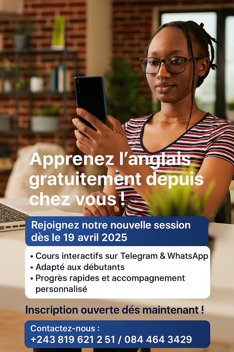 Apprenez l’anglais gratuitement depuis chez vous !

Rejoignez notre nouvelle session dès le 19 avril 2025
Cours interactifs sur Telegram &amp; WhatsApp
 Les places sont limitées.
chat.whatsapp.com/KqM93n6FOPn35b…