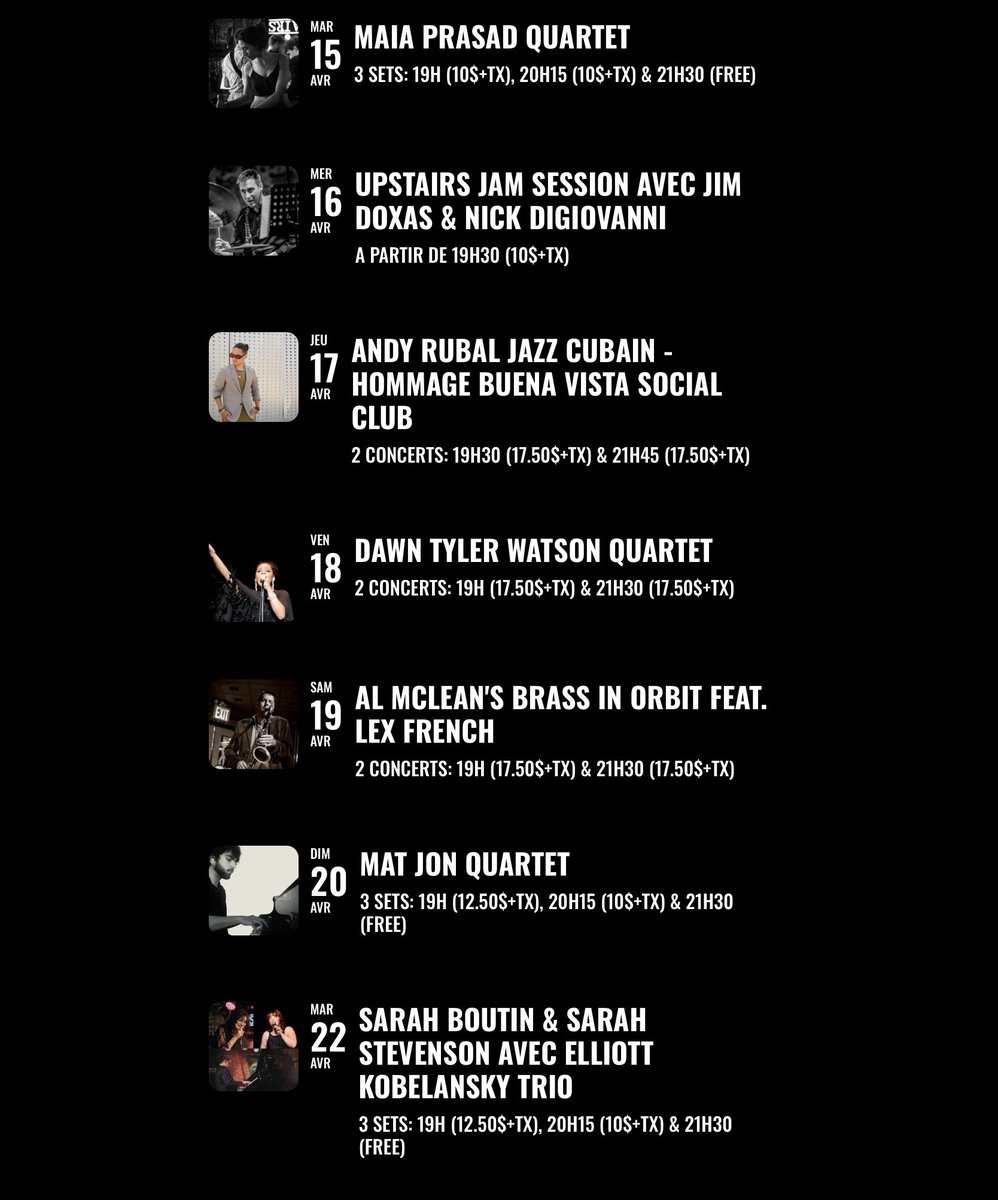 RSVP en ligne au upstairsjazz.com ou au 514-931-6808