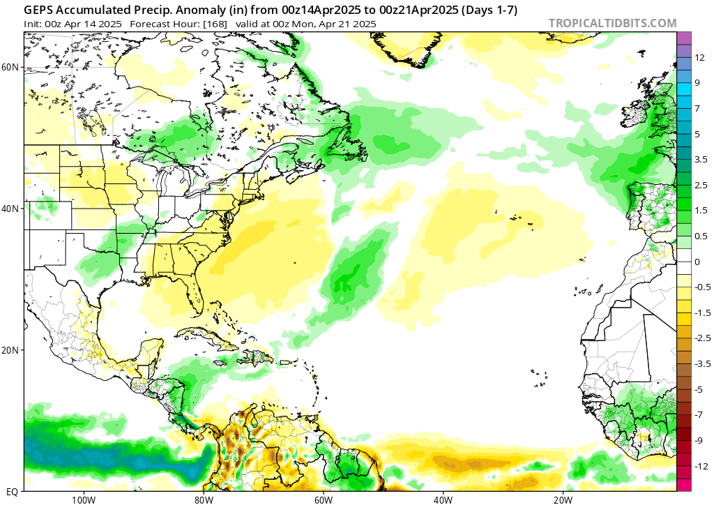 EstebanWXcast's tweet photo. Previsión sub-estacional de las precipitaciones, modelo de anomalía semanal, CFSv2 terminado a 18Z 21ABR25, GEFS y GEPS, así como el acumulado a 7 días GFS. CFSv2 prevé anomalía (+) en Portuguesa, Cojedes, oriente de Barinas y Bajo Apure. https://t.co/KaDF8WkAyW