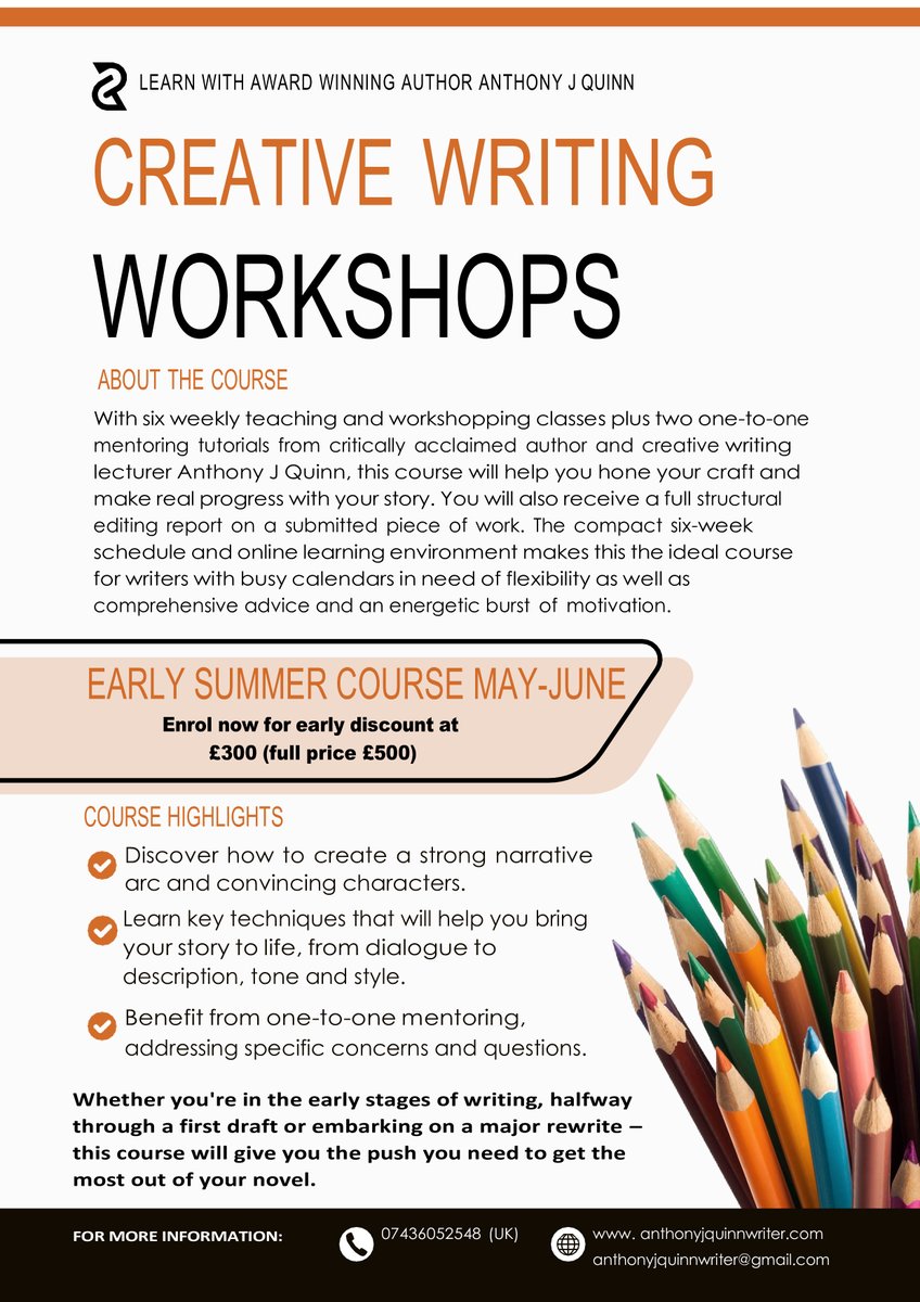 ajpquinn's tweet photo. Building on the success of the last  online creative writing course, I’m excited to launch a brand-new session this early summer. This six-week course is designed to help you sharpen your craft, make real progress on your story, and receive in-depth guidance tailored to your work https://t.co/u0yNociXVC