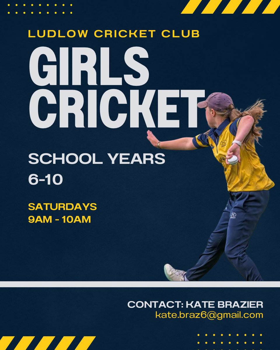 Ludlow Cricket Club (@ludlowcricket) on Twitter photo Ludlow CC is offering coaching and Friendly matches to girls that are keen to start playing cricket or those that are looking to progress from softball to hardball.
Training started this past weekend and will begin again on the 26th of April.
Contact: kate.braz6@gmail.com Ludlow CC is offering coaching and Friendly matches to girls that are keen to start playing cricket or those that are looking to progress from softball to hardball.
Training started this past weekend and will begin again on the 26th of April.
Contact: kate.braz6@gmail.com