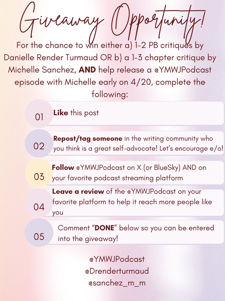 Danielle Render Turmaud, PhD ✨ON SUB✨ (@drenderturmaud) on Twitter photo GIVEAWAY & <a href="/YMWJPodcast/">You, Me, and the Writing Journey Podcast</a> Challenge!
If ⭐️10⭐️ people complete the challenge (see image) <a href="/sanchez_m_m/">Michelle Sanchez is AGENTED & EDITING</a> & I have teamed up to offer a critique giveaway AND I'll post our podcast episode "Being Our Best Advocate in the Writing Journey" early on 4/20. Will you accept?#writingcommunity GIVEAWAY & <a href="/YMWJPodcast/">You, Me, and the Writing Journey Podcast</a> Challenge!
If ⭐️10⭐️ people complete the challenge (see image) <a href="/sanchez_m_m/">Michelle Sanchez is AGENTED & EDITING</a> & I have teamed up to offer a critique giveaway AND I'll post our podcast episode "Being Our Best Advocate in the Writing Journey" early on 4/20. Will you accept?#writingcommunity
