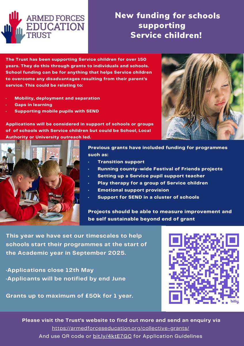 SCiP Alliance (@scipalliance) on Twitter photo 📢 Grant funding available for schools supporting Service children
The <a href="/ArmedForcesEduc/">Armed Forces Education Trust</a> offers grants to help schools address the unique challenges faced by Service children.
📅 Application deadline: 12 May
🔗 armedforceseducation.org/collective-gra…
#ServiceChildren #EducationGrants #MotMC 📢 Grant funding available for schools supporting Service children
The <a href="/ArmedForcesEduc/">Armed Forces Education Trust</a> offers grants to help schools address the unique challenges faced by Service children.
📅 Application deadline: 12 May
🔗 armedforceseducation.org/collective-gra…
#ServiceChildren #EducationGrants #MotMC