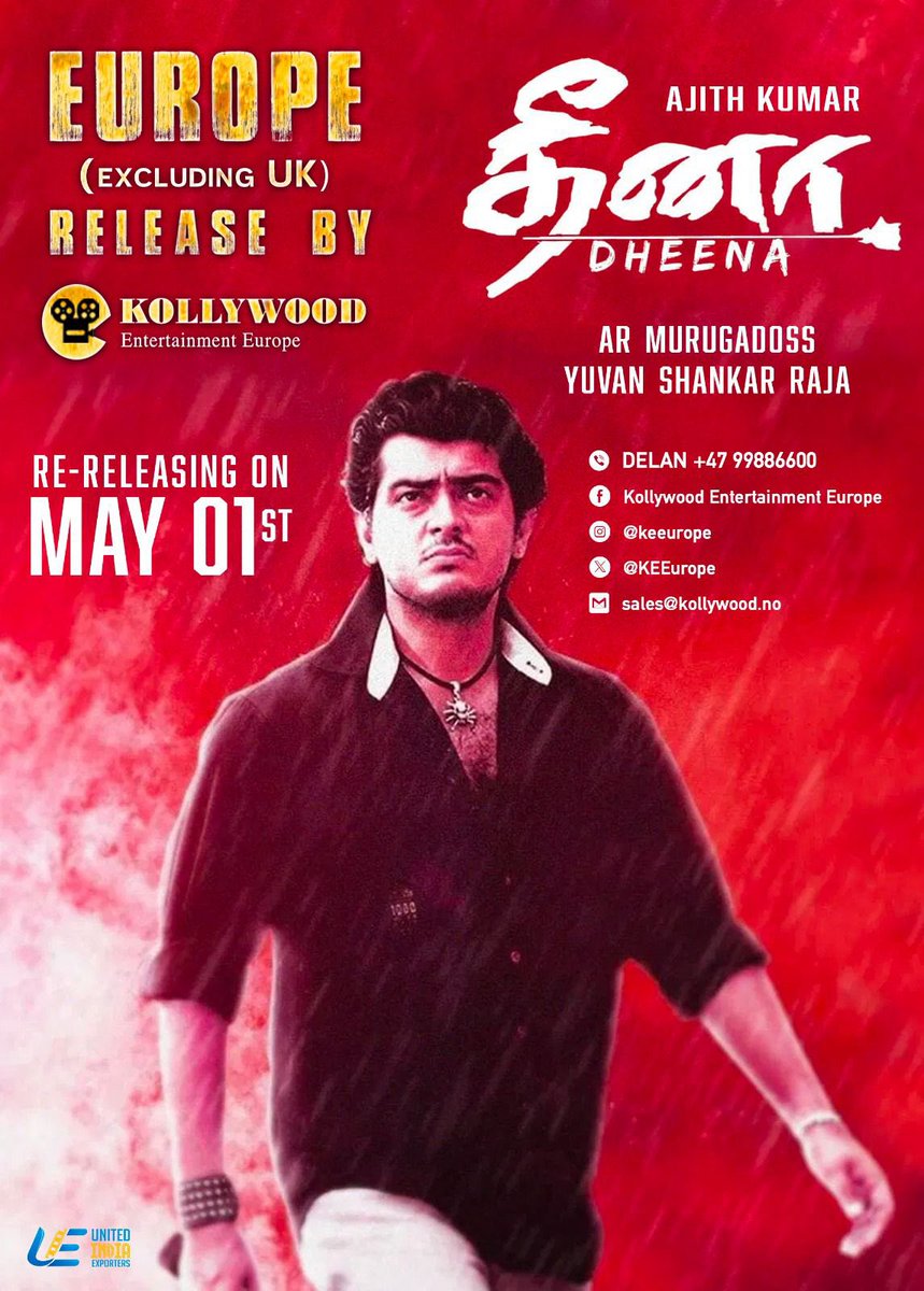 KEEurope's tweet photo. The nickname ‘Thala’ started here!

Let’s celebrate AJITH KUMAR’s birthday with his cult mass movie #Dheena, releasing in European cinemas from May 1st 🇪🇺

#AjithKumar @ARMurugadoss @TheSureshGopi @ActressLaila @uie_offl https://t.co/Ju3Iok0PT8