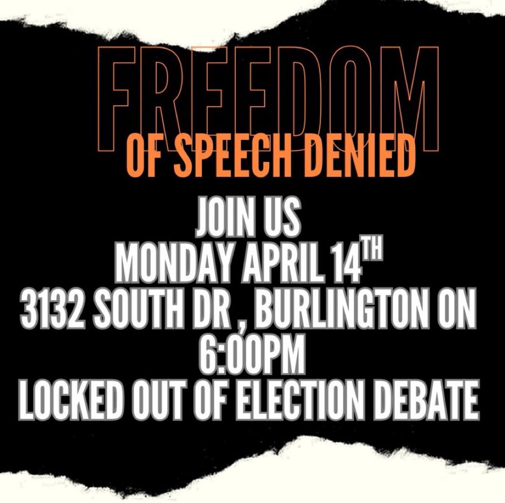 🚨 Burlington PPC friends and supporters,

Today, <a href="/MichaelBator6/">Michael Bator PPC Burlington</a> is speaking out against a serious injustice: he has been excluded from the upcoming "All Candidates Debate" in Burlington. 

This is a clear attack on democracy and free speech.
When candidates are shut out, voters