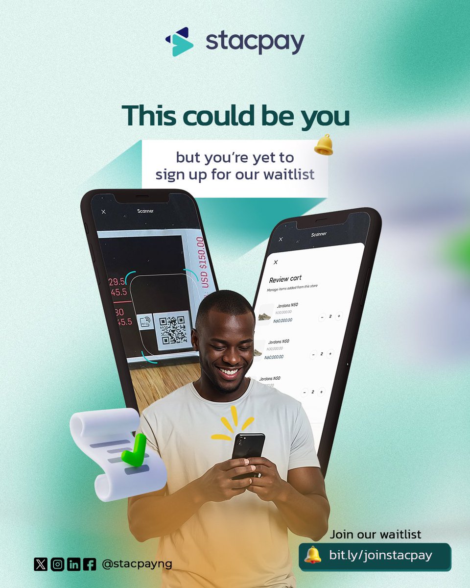 stacpayng's tweet image. This could be you… living soft, shopping smart, scanning receipts like a boss — but you haven’t joined our waitlist. Why na?

Tap the link in bio and fix up!

#Stacpay #SkipTheQueues #SoftLifeTech