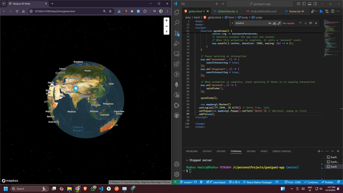 madhav_kwatra's tweet image. Planning to add 3d View to the map on my @expo  @reactnative app using @Mapbox . 

I am thinking of using a webview to add it. I was able to do it. But just asking is this a good way to add it?

Saw this style of globe map in some app.

#reactnative #100DaysOfCode #notjustdev