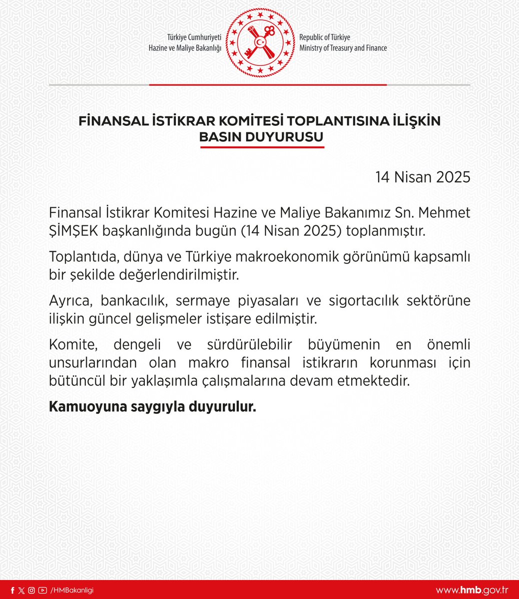 Finansal İstikrar Komitesi Toplantısına İlişkin Basın Duyurusu I 14 Nisan 2025