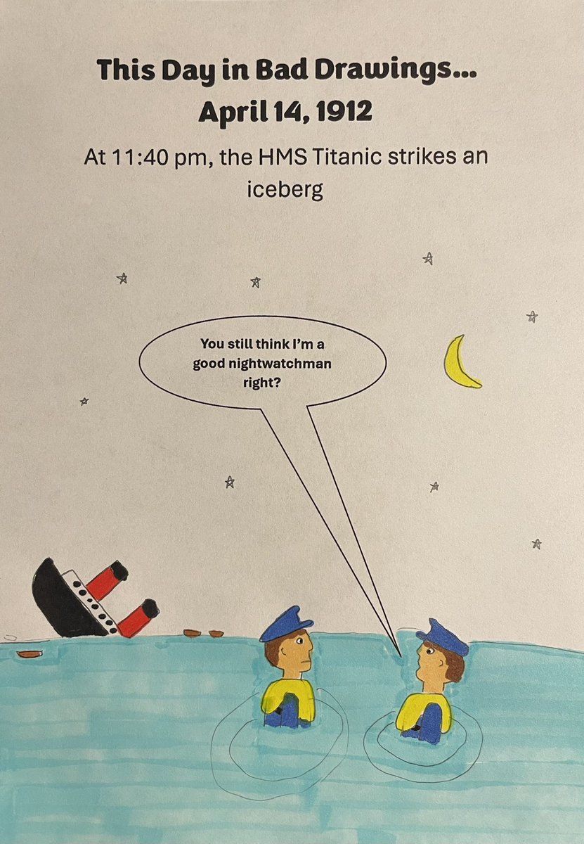 tdibd2023's tweet photo. This day in bad drawings, 1912: At 11:40 pm the HMS Titanic strikes an iceberg #ThisDayInHistory #History #OTD #Titanic #Disasters #Iceberg #ship #sinking #nautical #NauticalDisaster #Comic #Humor #HistoricalHumor #England #USA #TDIDB https://t.co/tFBmeLNvBe