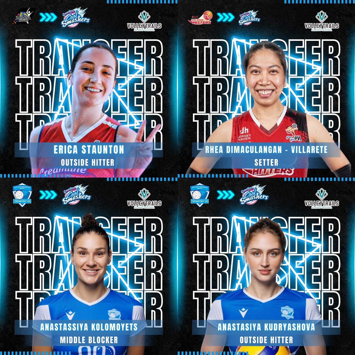 volleytrails's tweet photo. Eyes on the prize! 👀🏆

The Creamline Cool Smashers have bolstered their lineup with four new reinforcements as they gear up for a strong run in the AVC Champions League!

🇺🇸 Erica Staunton
🇵🇭 Rhea Dimaculangan
🇰🇿 Anastassiya Kolomoyets
🇷🇺 Anasatasiya Kudryashova

#AVCChampionsLeague #PVL2025 #volleyball