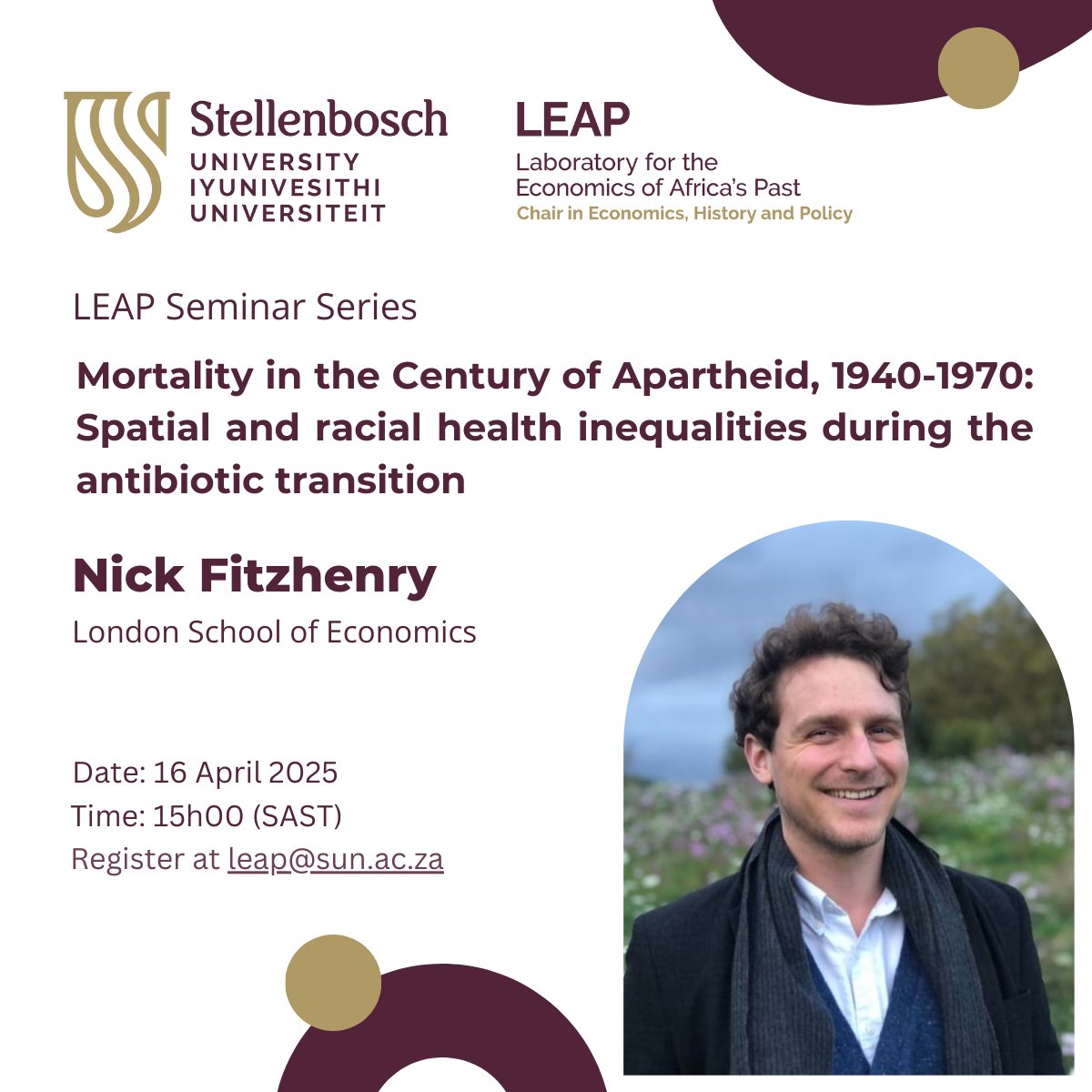 Laboratory for the Economics of Africa's Past (@leap_su) on Twitter photo 🚨 LEAP Seminar alert!
<a href="/NickArtFitz/">Nick Fitzhenry</a> (London School of Economics) presents his research, "Mortality in the Century of Apartheid, 1940-1970: Spatial and racial health inequalities during the antibiotic transition."
16 April 2025 at 15:00 (SAST)
RSVP at leap@sun.ac.za 🚨 LEAP Seminar alert!
<a href="/NickArtFitz/">Nick Fitzhenry</a> (London School of Economics) presents his research, "Mortality in the Century of Apartheid, 1940-1970: Spatial and racial health inequalities during the antibiotic transition."
16 April 2025 at 15:00 (SAST)
RSVP at leap@sun.ac.za