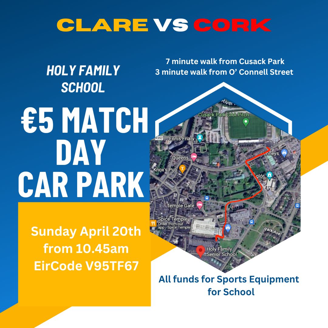 The Munster Championship is back — and so is our Match Day Car Park! In the heart of Ennis, mins from Cusack Park.
Proceeds support new sports equipment!
#MunsterChampionship #SupportLocal #bannerroar #rebelsrising 
 <a href="/GaaClare/">Clare Gaa</a>   <a href="/OfficialCorkGAA/">Cork GAA</a>