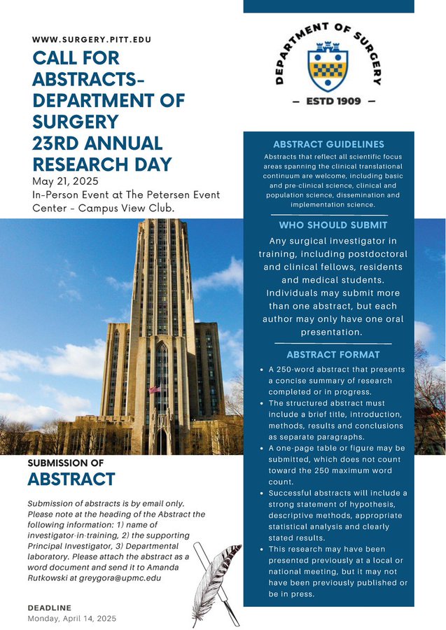 Pitt Surgery (@pittsurgery) on Twitter photo ๐จ Please note the deadline to submit your abstract for the 23rd #SurgeryResearchDay2025 is TODAY, #April 14!
<a href="/UPMC/">UPMC</a> <a href="/UPMC_CTSurgery/">Pitt Cardiothoracic Surgery Department</a> <a href="/UPMC_Vascular/">UPMC Vascular Surgery</a> <a href="/PittNeurosurg/">Pitt Neurosurgery</a> <a href="/PittCCM/">Pitt Critical Care Medicine</a> @PittCTSI <a href="/PittTweet/">University of Pittsburgh</a> <a href="/PittResearch/">PittResearch</a> <a href="/UPMC_CTSurgery/">Pitt Cardiothoracic Surgery Department</a> <a href="/PittEndoSurg/">Pitt Endocrine Surgery</a> ๐จ Please note the deadline to submit your abstract for the 23rd #SurgeryResearchDay2025 is TODAY, #April 14!
<a href="/UPMC/">UPMC</a> <a href="/UPMC_CTSurgery/">Pitt Cardiothoracic Surgery Department</a> <a href="/UPMC_Vascular/">UPMC Vascular Surgery</a> <a href="/PittNeurosurg/">Pitt Neurosurgery</a> <a href="/PittCCM/">Pitt Critical Care Medicine</a> @PittCTSI <a href="/PittTweet/">University of Pittsburgh</a> <a href="/PittResearch/">PittResearch</a> <a href="/UPMC_CTSurgery/">Pitt Cardiothoracic Surgery Department</a> <a href="/PittEndoSurg/">Pitt Endocrine Surgery</a>