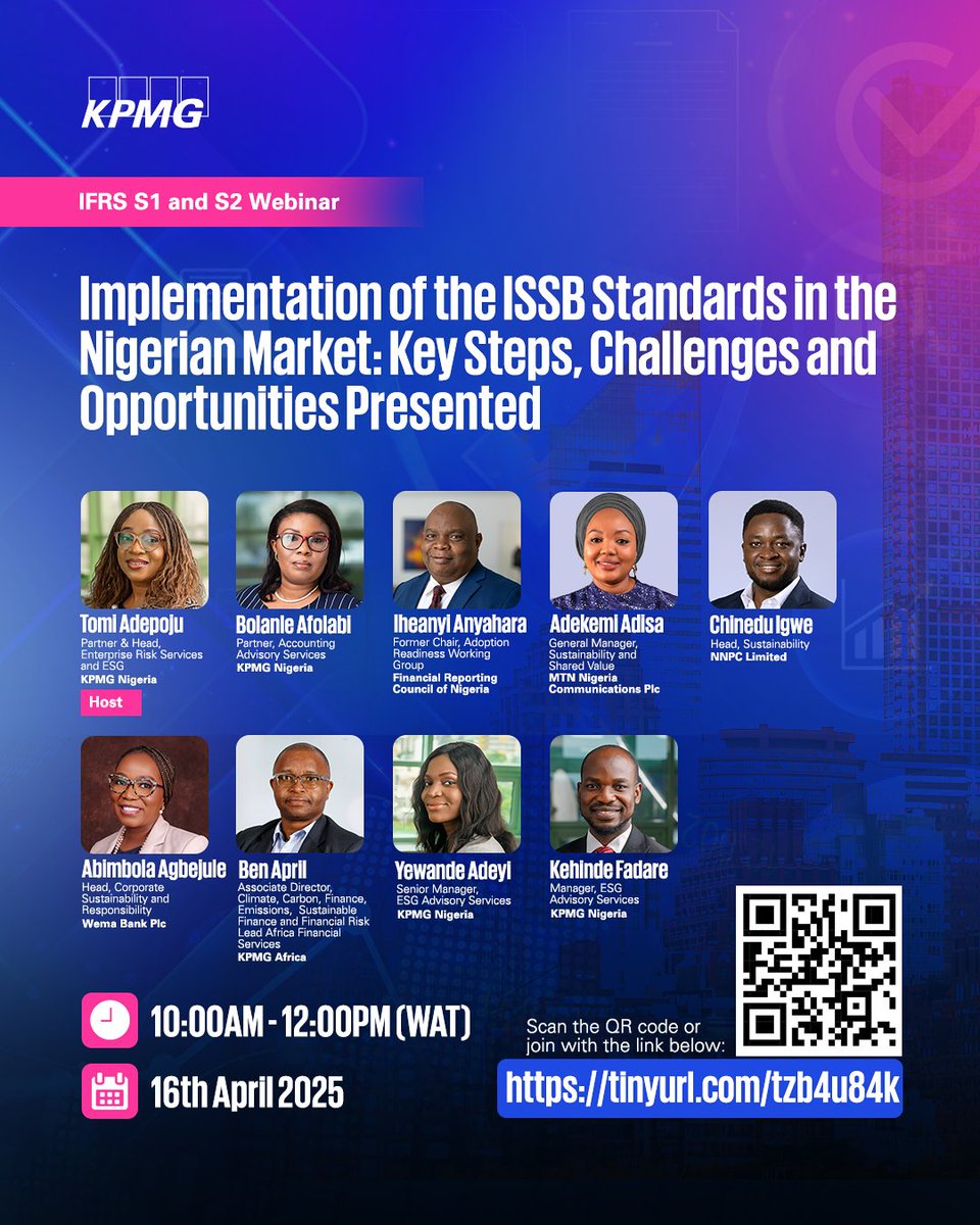 KPMG_NG's tweet photo. 2 Days to Go! 🔥 🔥

Get ready for the KPMG IFRS S1 &amp; S2 Webinar, scheduled to hold on Wednesday, 16 April 2025 at 10:00 AM (WAT).
(1/4) https://t.co/2OYXEimaOZ