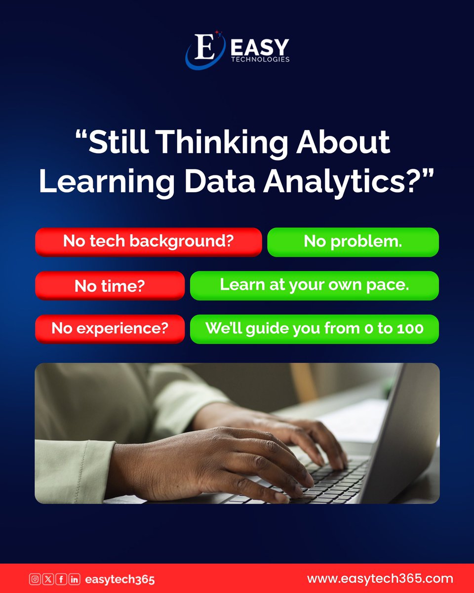 You don’t need:
🔹 A tech background
🔹Job experience
🔹A degree in statistics 

To break into Data Analysis.

What you do need is the decision to start, the drive to learn and an expert like us to guide you.

Send us DM let’s kickstart your Data Analysis career