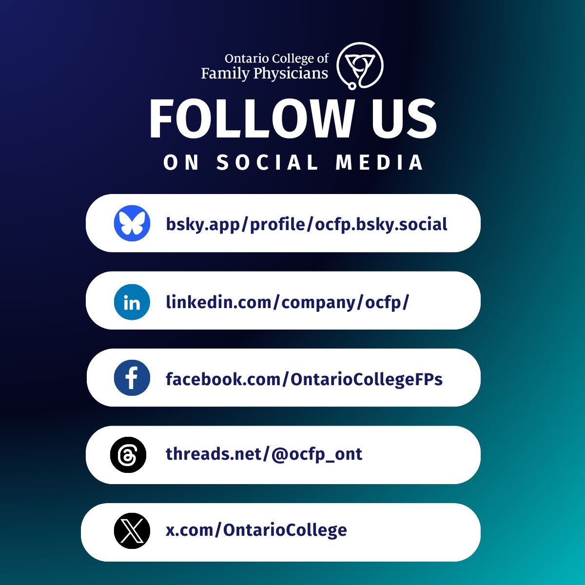 OCFP is now on Bluesky! 📲Stay connected to keep up with OCFP news, updates and more.
 
➡️Bluesky: bsky.app/profile/ocfp.b…
➡️LinkedIn: linkedin.com/company/ocfp/
➡️Facebook: facebook.com/OntarioCollege…
➡️Threads: threads.net/@ocfp_ont
➡️X: x.com/OntarioCollege