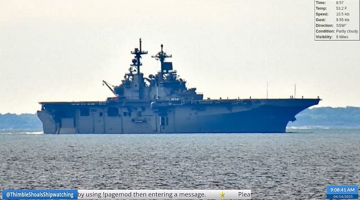 WarshipCam's tweet photo. USS Wasp (LHD 1) Wasp-class amphibious assault ship coming into Norfolk, Virginia - April 14, 2025 #usswasp #lhd1

SRC: YT- ThimbleShoalsShipwatching https://t.co/0pqTRDZXNK