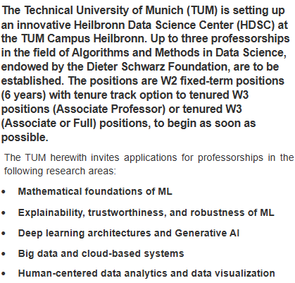 🚨 Join <a href="/TU_Muenchen/">TU München</a> 's Heilbronn Data Science Center! We're hiring:  
📷 **Three** open-rank faculty positions in #DataScience #AI #MachineLearning
🗓️May 25, 2025
📷 Details: portal.mytum.de/jobs/professur… 

#TUM #FacultyJobs <a href="/csfacultyjobs/">CS Faculty Jobs</a>