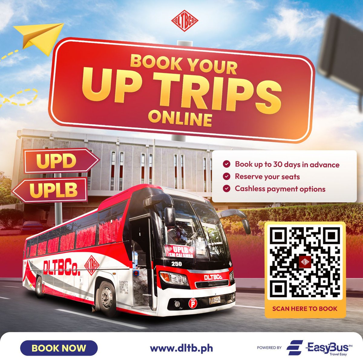 You can now book your UP trips online up to 30 days in advance at dltb.ph! Secure seats for cashless payment options &amp; guaranteed reserved seats

DLTB UP Trips online booking is powered by Easybus PH. Travel easy, book your trips online at buff.ly/ghaTMom