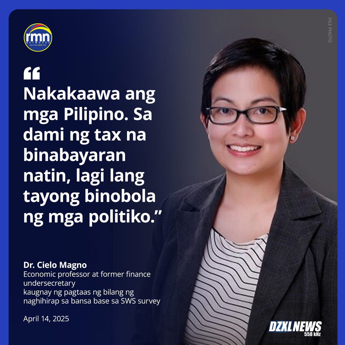 Ito ang tinuran ni Dr. Cielo Magno, economic professor at dating Department of Finance (DOF) undersecretary, sa usapin ng pagtaas ng bilang ng mga naghihirap na mga Pilipino sa bansa. 

Aniya, nakakaawa na dumarami ang ating mga kababayang naghihikahos samantalang may mga