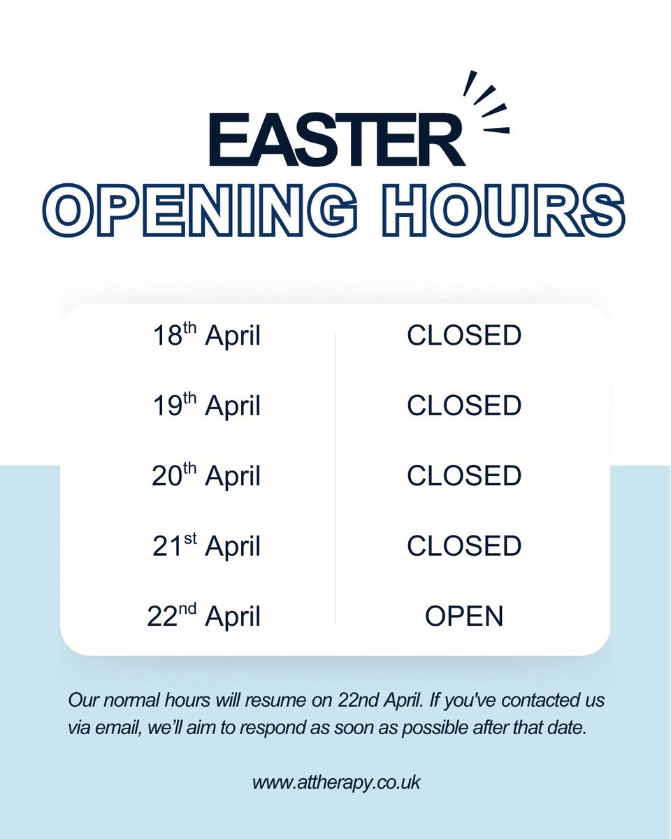 Happy Easter from all of us at ATtherapy🌼🐣

Our normal hours will resume on 22nd April. If you’ve contacted us via email, we’ll aim to get back to you as soon as possible after that date.

Wishing you a restful and joyful Easter weekend!