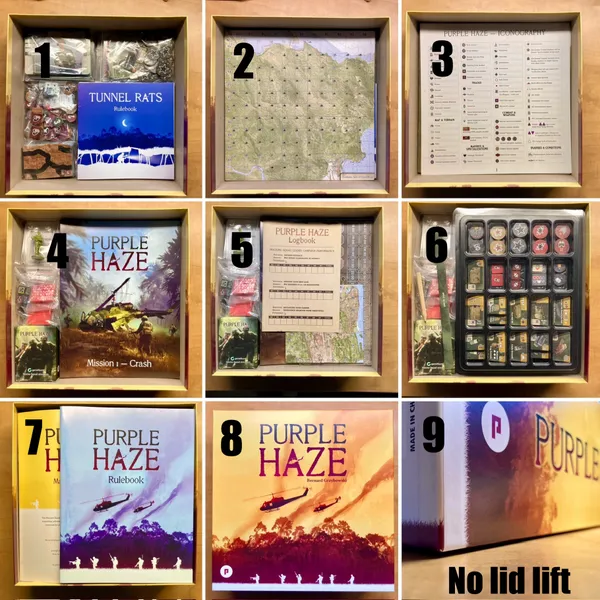 A BGG user, Greg S. from Canada, has kindly posted an image to help with box organization for Purple Haze: 

1. All 4 expansion booklets and content plus base game encounter, marine and specialization cards.

2. Combat and game board.

3. Large Reference cards.

4. Base game
