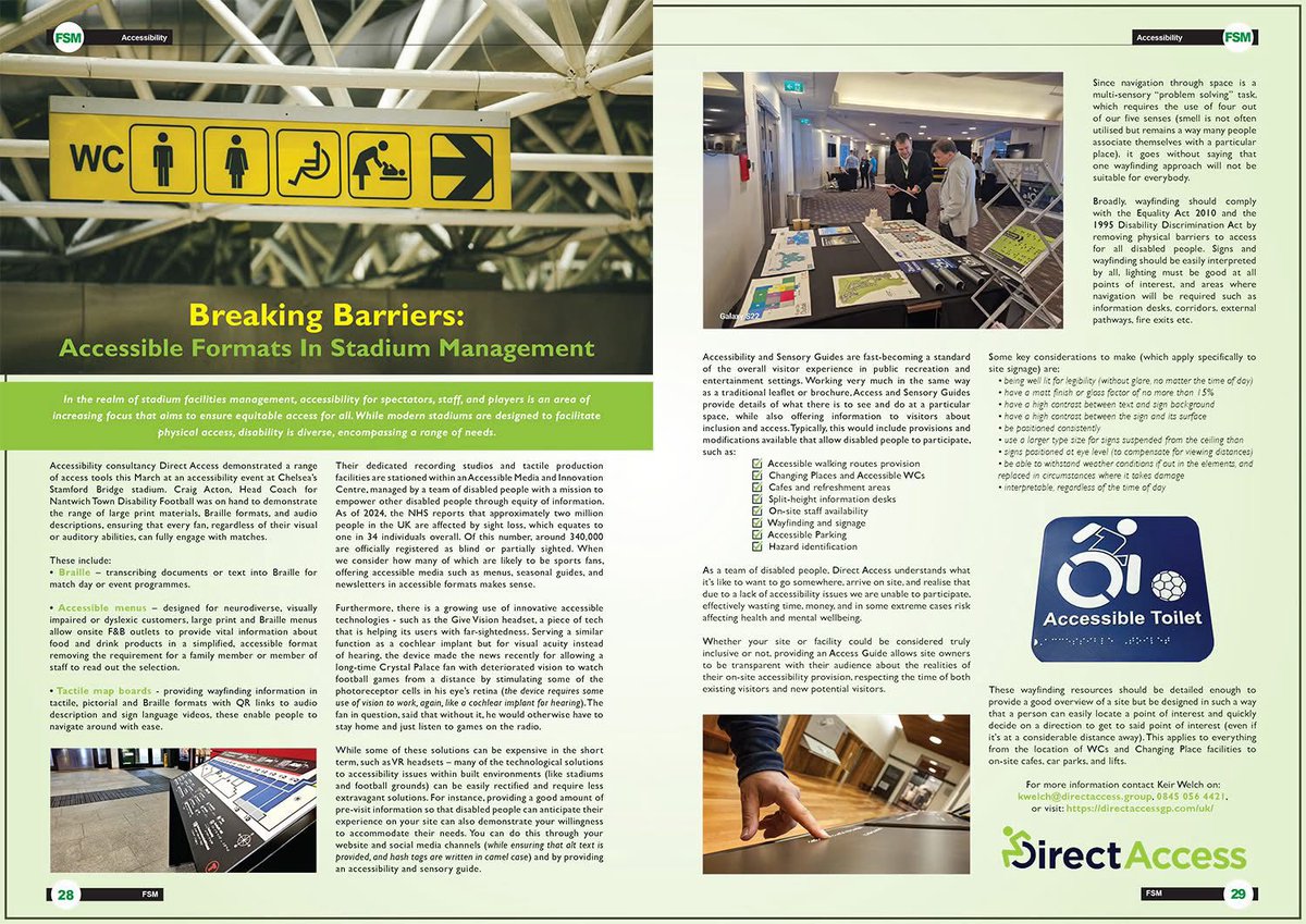 Direct Access (@directaccessgp) on Twitter photo Delighted to see that Direct Access' recent thinkpiece on the importance of accessibility in the management of large stadiums and sports grounds has been featured as a spread in <a href="/FSMpublication/">Football & Stadium Management</a> magazine!
#AccessibleEvents #StamfordBridge #AccessibleMedia #Stadiums Delighted to see that Direct Access' recent thinkpiece on the importance of accessibility in the management of large stadiums and sports grounds has been featured as a spread in <a href="/FSMpublication/">Football & Stadium Management</a> magazine!
#AccessibleEvents #StamfordBridge #AccessibleMedia #Stadiums