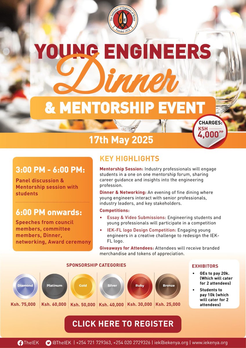The Future Leaders Committee (FLC) invites you to the Young Engineers Dinner &amp; Mentorship Event on Saturday, 17th May 2025.

Time:
• 3:00 PM – 6:00 PM: Panel Discussion &amp; Mentorship Session
• From 6:00 PM: Dinner, Networking, Speeches, and Award Ceremony

Charges: KES 4,000 per