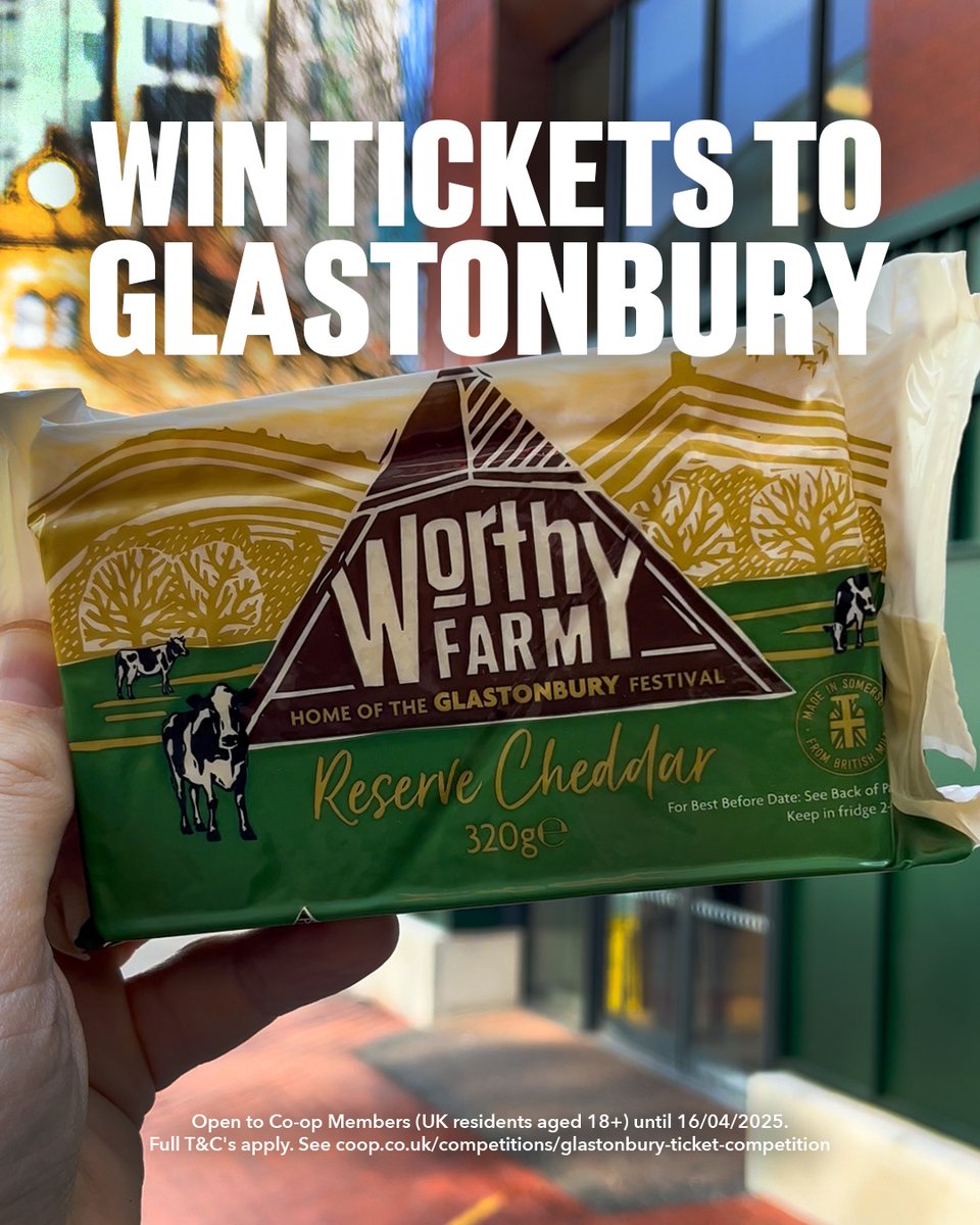 Sfc_Corbin's tweet photo. Win 2 tickets to Glastonbury! Pick up a pack of Worthy Farm Reserve Cheddar in your local @coopuk, scan your Co-op Membership card and you’re in the draw! 💃 Find out more 👉 https://t.co/JMWjFJAxg1 https://t.co/1hQhZSF8R9