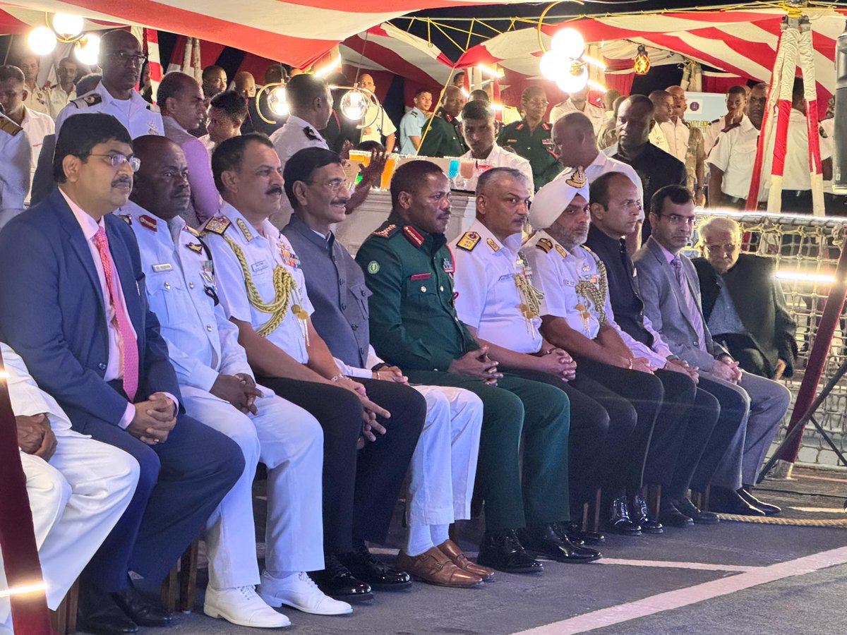indiannavy's tweet photo. Adm Dinesh K Tripathi, #CNS hosted a deck reception onboard #INSChennai at Dar-es-Salaam on #13Apr 25. 

Hon'ble Raksha Rajya Mantri Shri @SethSanjayMP, Gen Jacob John Mkunda, CDF, Tanzania People Defence Forces (TPDF),  RAdm AR Hassan, Chief of Tanzania Navy, H.E. Bishwadip Dey, High Commissioner of India to Tanzania, #AIKEYME participants & members of Indian Diaspora attended the event.

@IndiainTanzania