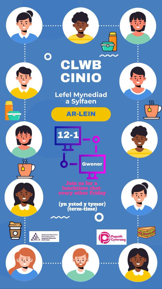 Popeth Cymraeg (@popethcymraeg) on Twitter photo CLWB CINIO AR-LEIN
Mynediad a Sylfaen / Entry and Foundation
Bob yn ail ddydd Gwener/Every other Friday
12:00-1:00
Sesiynau nesaf / Next sessions:
11 Ebrill
2 Mai
16 Mai
Cysylltwch â
gwybod@popethcymraeg.cymru i gael dolen
Contact the above for the link. CLWB CINIO AR-LEIN
Mynediad a Sylfaen / Entry and Foundation
Bob yn ail ddydd Gwener/Every other Friday
12:00-1:00
Sesiynau nesaf / Next sessions:
11 Ebrill
2 Mai
16 Mai
Cysylltwch â
gwybod@popethcymraeg.cymru i gael dolen
Contact the above for the link.