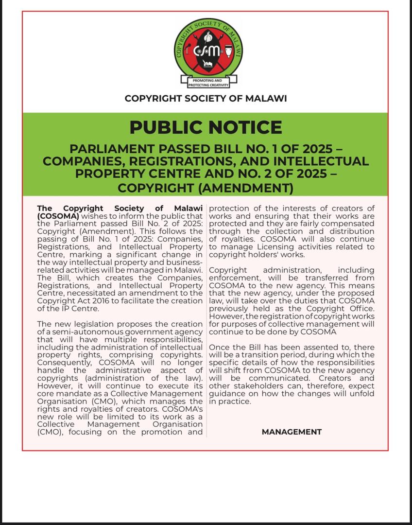 Copyright Society of Malawi (@cosoma_mw) on Twitter photo 