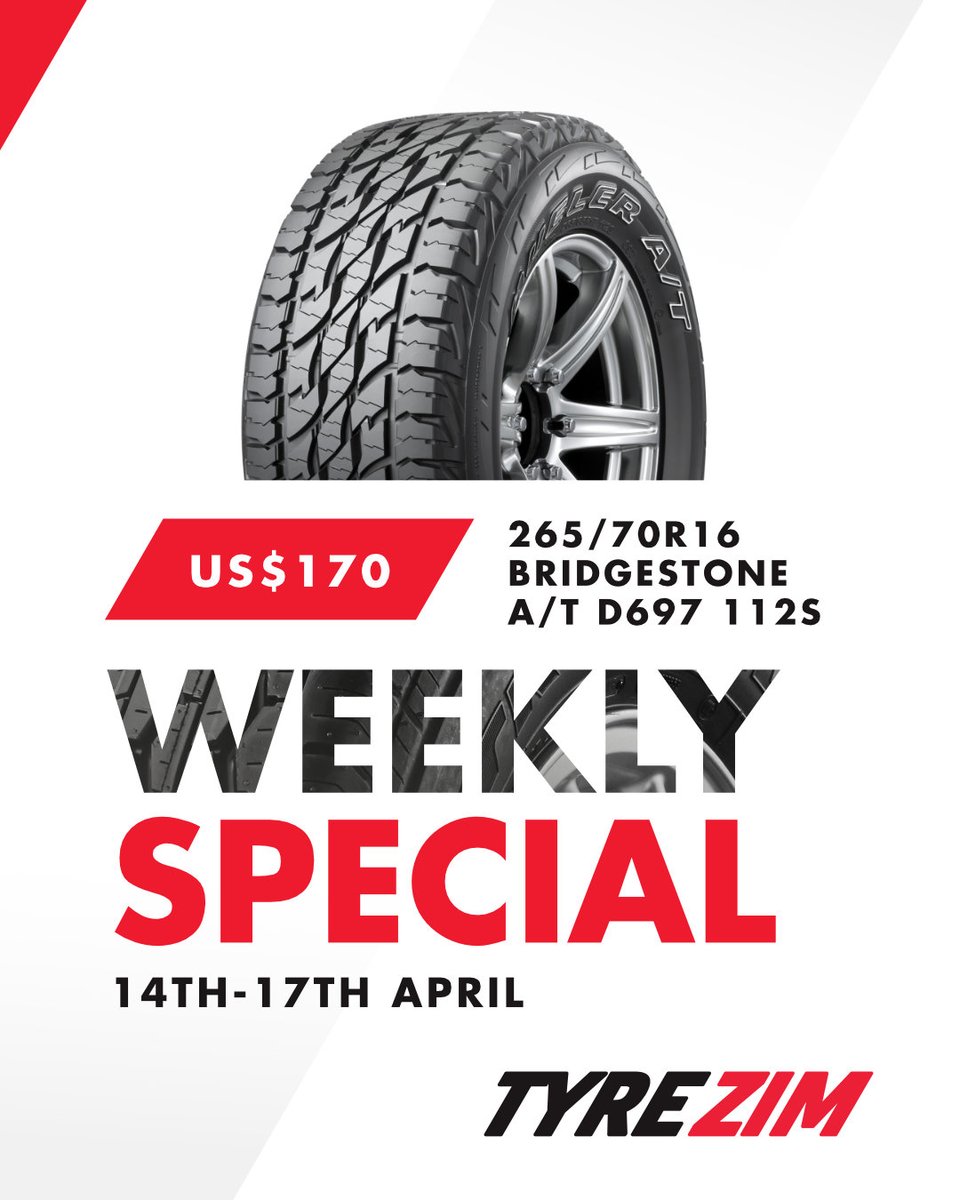 TyreZim's tweet photo. Stop by any TyreZim branch to take advantage of this week’s amazing deals.
Don’t forget to follow us for the next surprise!
#TyreSpecial #PromoTyres #AmazingDeals #Bridgestone #TriangleTyres #Tyres #TyreZim #BuildingTrust #WeeklySpecial https://t.co/p7mI09PU4D