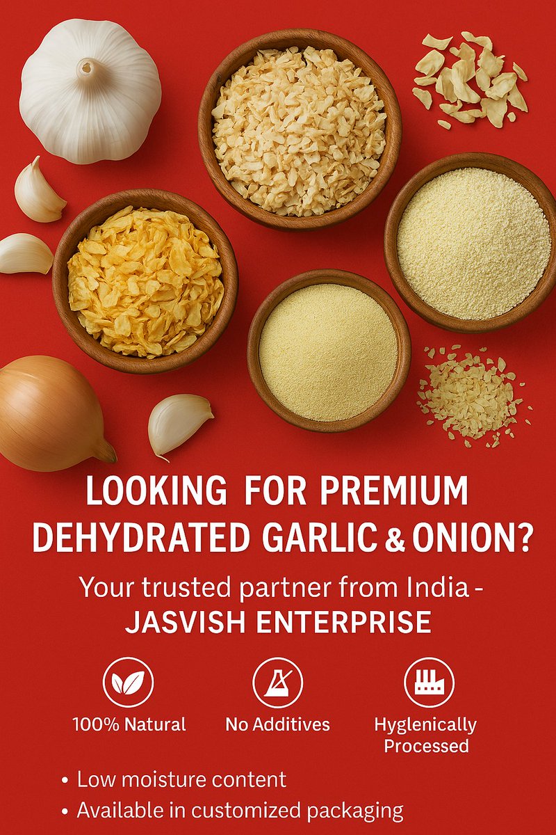 JasvishE's tweet photo. "From India to the world — pure, powerful, and premium! 🌍🧄

📦 Bulk Orders &amp; Global Shipping Available! 🚢🌍

📞 Raj Sabhaya | Chief Operating Officer
📲 +91 7487059954
📧 jasvishenterprise@gmail.com | jasvishenterpriseraj@gmail.com

#agroexport #spiceexporters #IndiaToWorld https://t.co/Ijzu3crxvB