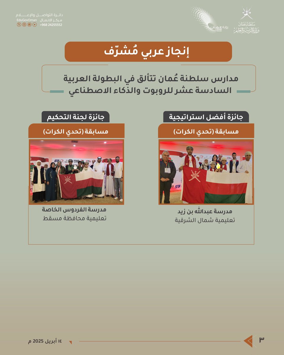 EduGovOman's tweet photo. #التربية_والتعليم |

مدارس سلطنة عُمان تتألق في البطولة العربية
السادسة عشر للروبوت والذكاء الاصطناعي

#تعلم_مستدام https://t.co/0WIWmyUQHZ