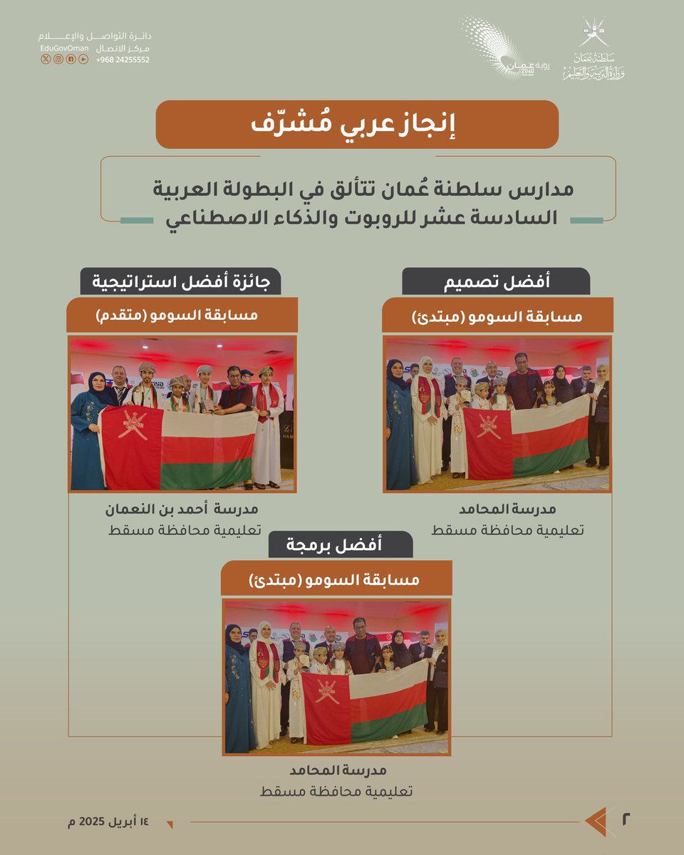 EduGovOman's tweet photo. #التربية_والتعليم |

مدارس سلطنة عُمان تتألق في البطولة العربية
السادسة عشر للروبوت والذكاء الاصطناعي

#تعلم_مستدام https://t.co/0WIWmyUQHZ