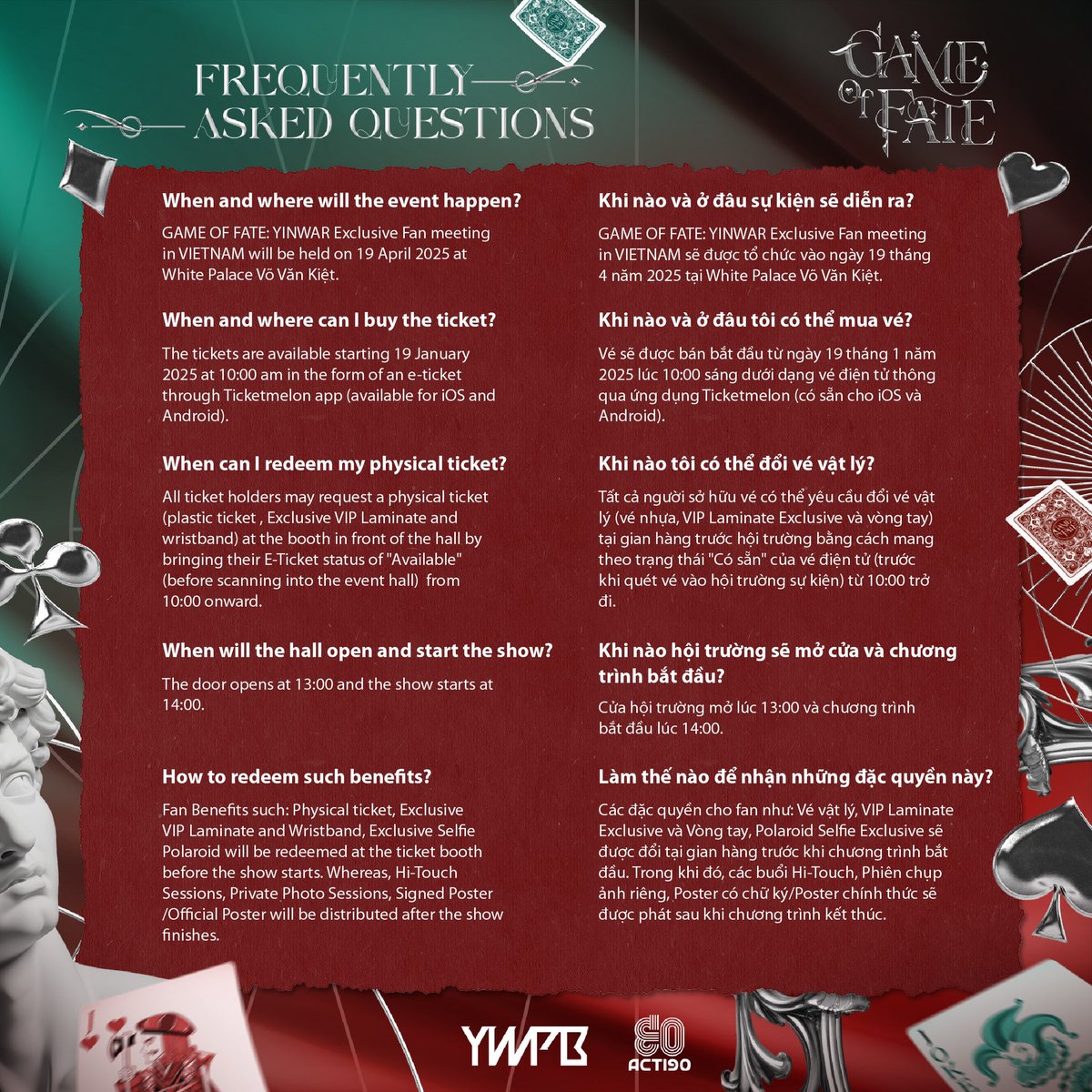 Acti90Event's tweet photo. Xem ngay những gì bạn được và không được mang vào hội trường Game of Fate!

Check out what you can and cannot bring into the hall of Game of Fate

🗓: 19 April 2025
📍: White Palace Võ Văn Kiệt
🎟: Ticket Price : VND 5,400,000 (USD 210) | VND 4,800,000 (USD 185) | VND 3,700,000 (USD 145) | VND 2,600,000 (USD 95) | VND 1,800,000 (USD 65)

🎟Ticket Available 
📌Link: https://t.co/tIC94eJJVe

#yinwar #yinyin_anw #warwanarat
#YinWarGameofFate
#YinWarExclusiveFMinVietnam
#Acti90