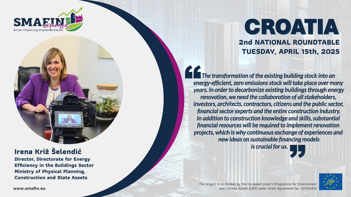 “To decarbonise our buildings, we need collaboration across all sectors &amp; continuous exchange on sustainable financing models”, says Irena Križ Šelendić, Director for Energy Efficiency in the Buildings Sector, Ministry of Physical Planning, Construction &amp; State Assets