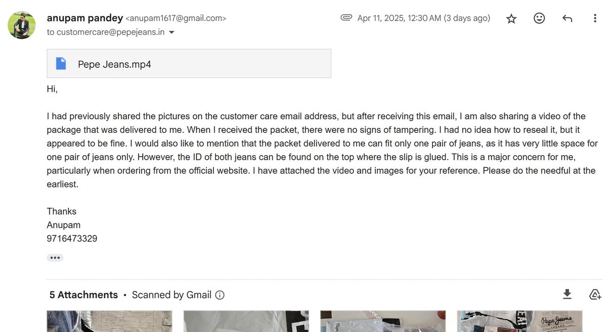 AnupamPandey07's tweet photo. .@PepeJeansIndia I ordered two jeans from the Pepe official website and have received only one. I have talked to customer care and shared an email with all pictures and videos of the package as asked for. So far I have not received any response. Please help @jagograhakjago https://t.co/C55ceQH9zT